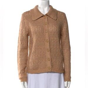 Joie Crochet Knit Collared Button Up Cardigan Sweater top boho tan light brown L